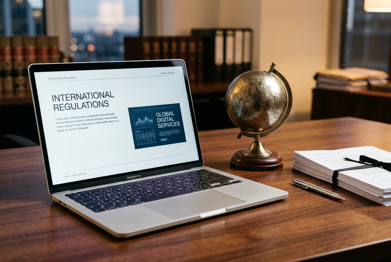 A laptop and a small desk globe symbolizing international online services.
