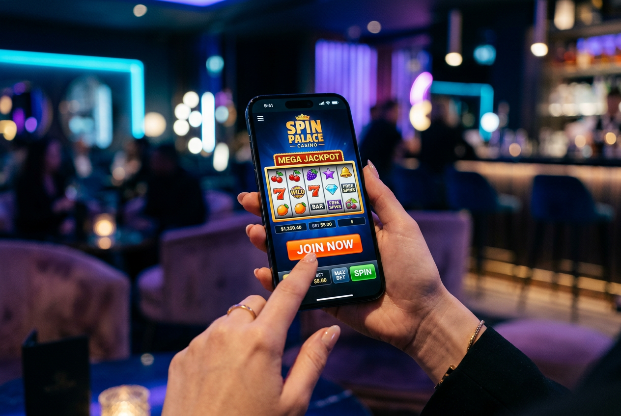 A person using a smartphone showing a high-end online casino interface with slots and gold coins.
